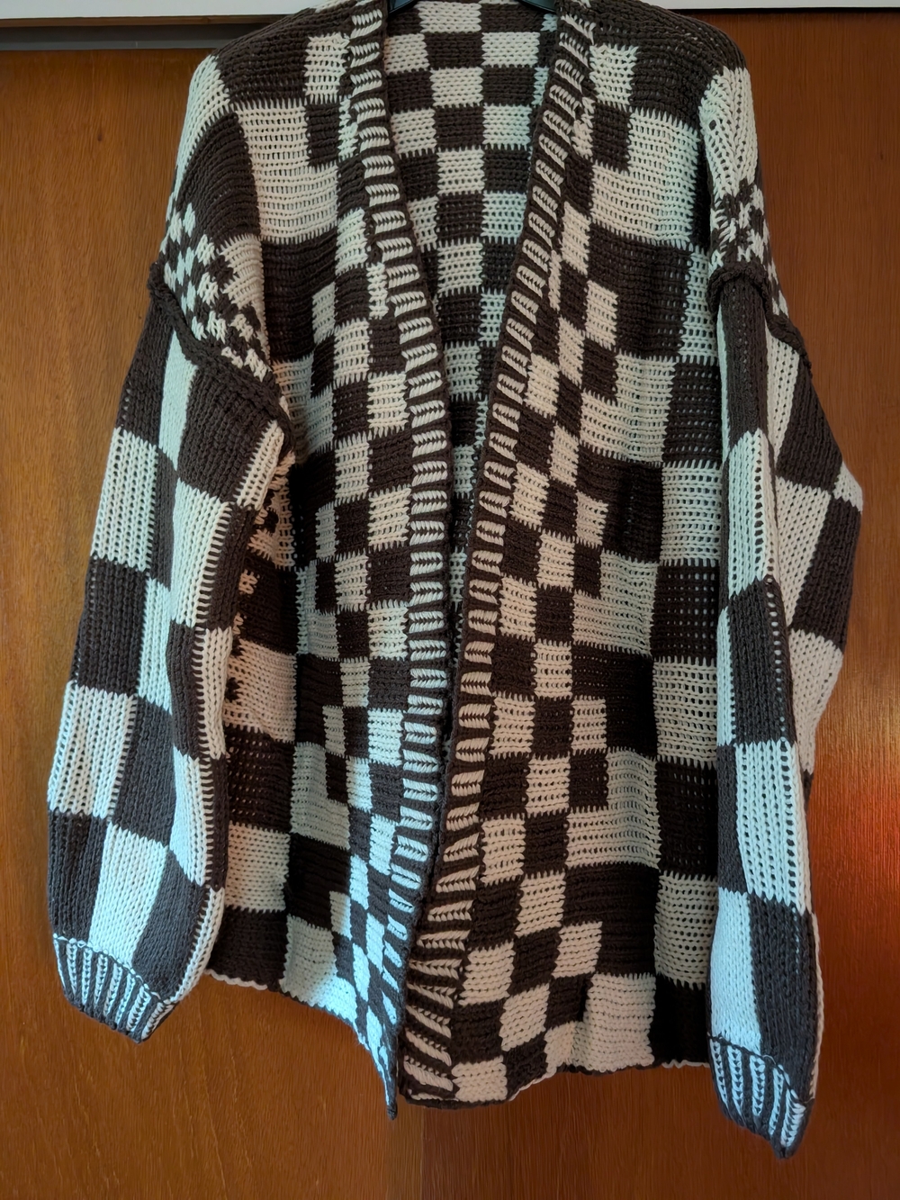 Brown and White Checkered Open-Front Cardigan Knit Sweater